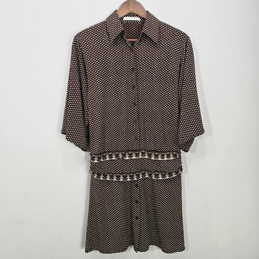 Vintage Y2K Max Studio‎ Mini Shirt Dress S Brown Drop Waist Ruching Wide Sleeves